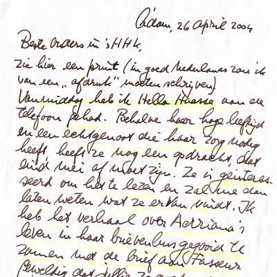 2004-04-26 Brief aan Beste ouders in sHHK met de informatie, dat ik het levensverhaal van Adriana Nasoetion ter lezing heb aangeboden aan Hella Haasse.
