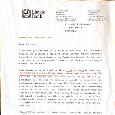 1993-06-15 Ontslagbrief v. Lloyds Bank aan ADD.