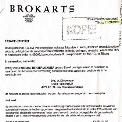 2003-03-11 Inboedelverzekering v. Ab en Bertie v. Oude Rijksweg 27 te sHKK. De wijnkoeler is weer teruggekocht door Aardewerk voor E 25.000,- in 2014.
