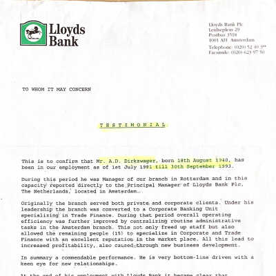 1993-09-30 Testimonial van de Lloyds Bank Plc. Als een “farewell” aan ADD.