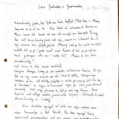 1992-04-21 Bedank-brief van Floris (21 jaar) aan grootouders Dirkzwager voor een geldelijke bijdrage voor het vermeerderen van zijn levensgeluk.