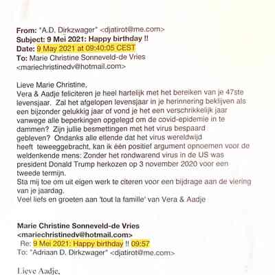 2021-05-09 Verjaardagsmail aan Marie Christine Sonneveld-de Vries en haar reactie..