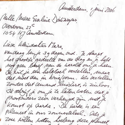 2006-06-01 Eerste brief aan Mare Dirkzwager geboren op 24 april 2006 om haar welkom teheten op de planeet Aarde.