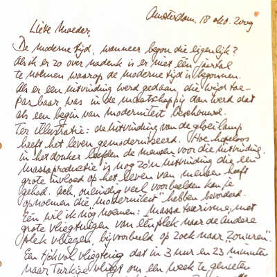 2009-10-18 Brief aan moeder Albertien met een vraag Wanneer begint de moderne tijd vraagteken.