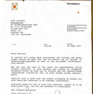 1993-09-28 Brief van Vito Holdings n.a.v. ontslag van ADD bij Lloyds Bank.