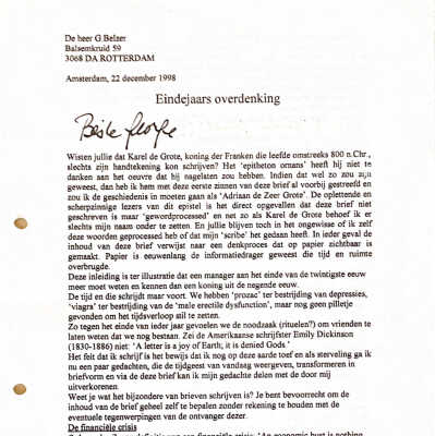 1998-12-22 Jaarlijkse brief aan George Belzer om hem te bedanken voor zijn ingenieuze nieuw-jaarskaart.