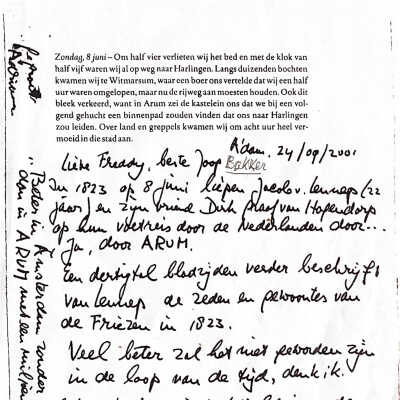2001-09-24 Brief aan Freddy en Joop Bakker over de wandeltocht in Friesland in 1823.