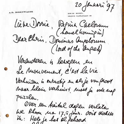 1997-01-20 Brief ADD aan Dorrie & Chris Gallagher over onze verhuizing naar Amsterdamop 1 mei 1997.