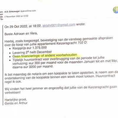 2022-11-02 bevestiging van verkoopcondities voor het appartement Keizersgracht 702D.