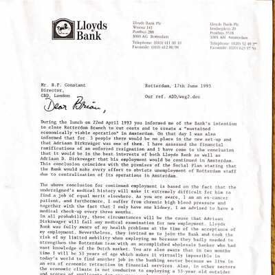 1993-06-17 ADD’s brief aan Brian Constant m.b.t. ontslag bij de Lloyds Bank.