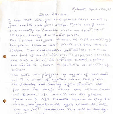 1992-04-29 Brief Enrico Segre over juli-vakantie.