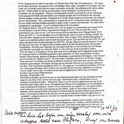 1999-10-15 Brief aan ouders over begin v. h. verslag van 10 daagse reis naar Chigaco