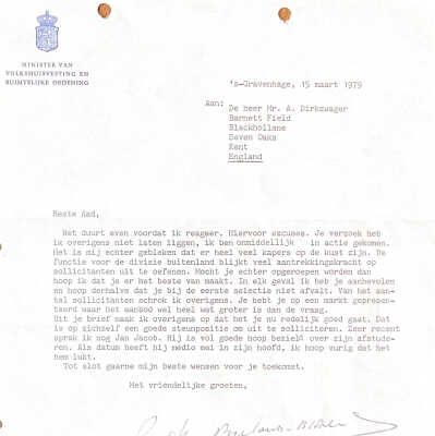 Brief van Pieter Beelaerts, Minister van Volkshuisvesting.