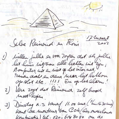 2002-03-17 Instructies aan Reinoud en Floris gedurende onze afwezigheid in Egypte.