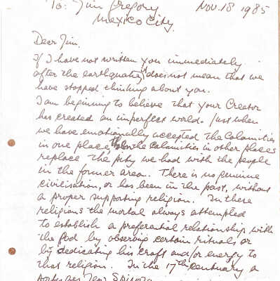 1985-11-18 Brief aan Jim Gregory in Mexico City na de aardbeving.