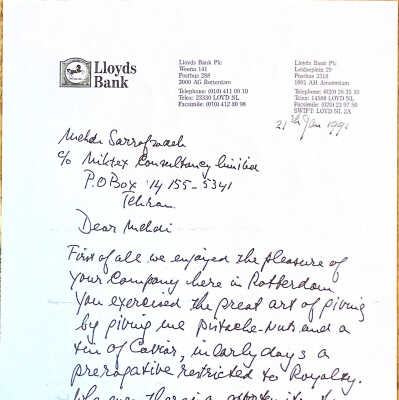 1991-01-21 Brief aan Mehdi Sarrafzadeh in Iran.