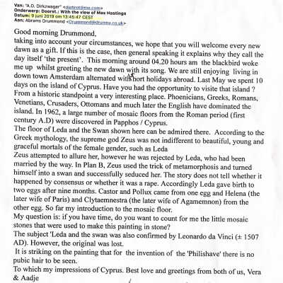 2019-06-09 Mail to Drummond Abrams about the mosaic floor of Leda and the swan.