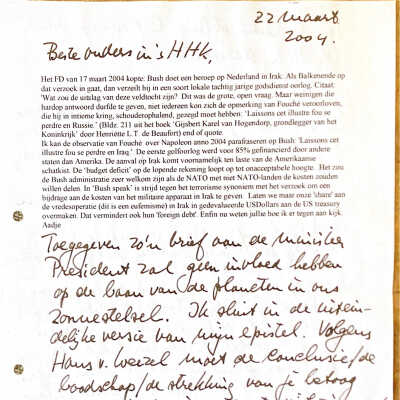 2004-03-22 Brief aan ouders over de toestandin de wereld en over Willem ‘s genezing.