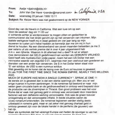 1999-01-20 mail naar oom Jankees v. der Have over de invoering v.d. Euro.