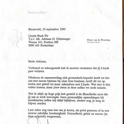 1993-09-10 Brief van Piet van de Waterig van Tastemaker n.a.v. ontslag ADD bij Lloyds Bank.
