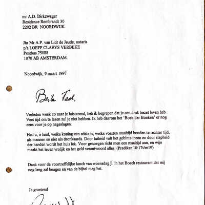 1997-03-09 Bedank kattebelltje voor de lunch aan Ted v. Lidt de Jeude.