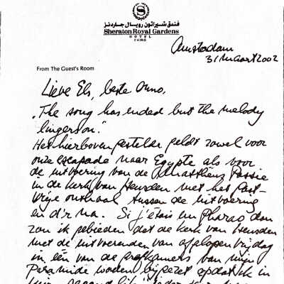 2002-03-31 Bedankbrief aan Els en Onno Verhorst voor het logeren en voor de uitnodiging voor het bijwonen van de Mattheus Passion in Herpt.