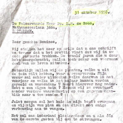 Brief van Vader Ab aan domine De Roos, voorheen de bwoner v.d. Pastorie in sHHK.