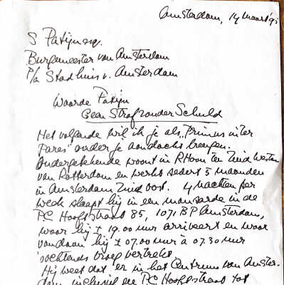 1995-03-14 ADD beklaagt zich bij Burgemeester v. Amsterdam, S.Patijn, over ‘Parkeerbeheer’.