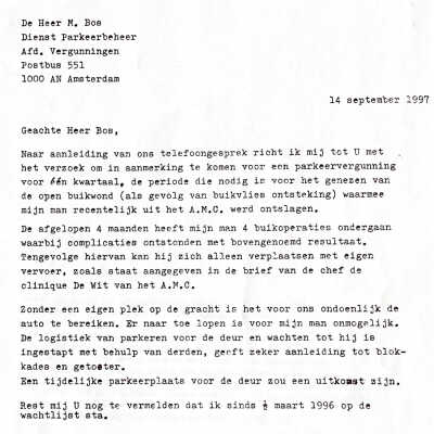 1997-09-14 Aanvraag voor een parkeervergunning n.a.v. operaties in het AMC van ADD.