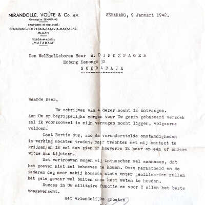 Brief van Mirandolle Voute aan KNIL-soldaat A.Dirkzwageer te SoerBaja