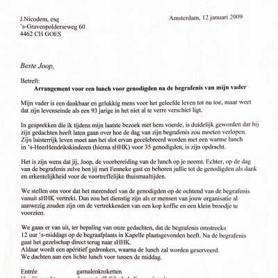 2009-01-12 Brief aan Joop Nicodem met de opdracht voor de catering van de lunch na de begravenis van vader Ab.