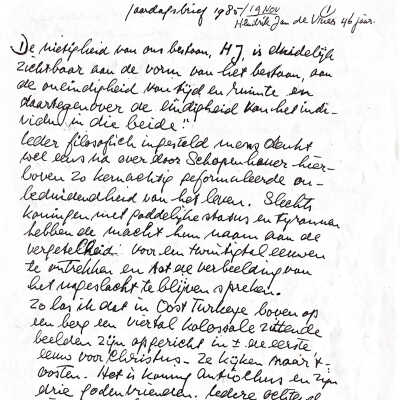 1985-11-19 Jaardagsbrief aan HendrikJan de Vries over de nietigheid v. ons bestaan.