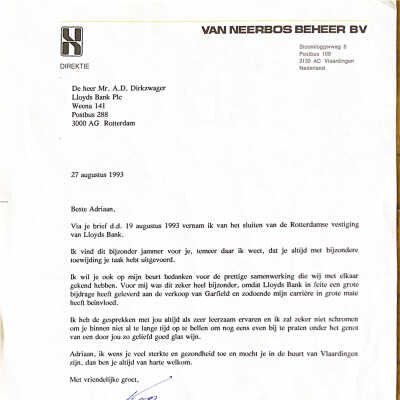 1993-08-27 Brief van Van Neerbos Beheer bv n.a.v. ontslag ADD bij Lloyds Bank.q