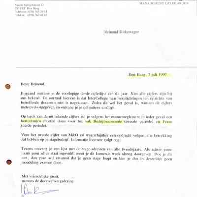 1997-07-07 Brief van Inter College voor Reinoud. Volgens het reglement moet je 2 hertentamens doen. Frans