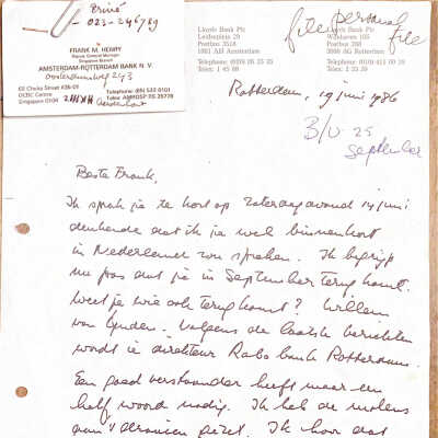 1986-06-19 Brief aan Frank Henry. Willem van Lynden wordt manager v. RABO Rotterdam.