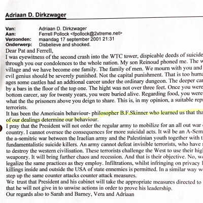 2001-09-17 Mail to Ferrell Pollock, opration-officer BoA Lagos over aanval op de Twin Towers New Yorck.