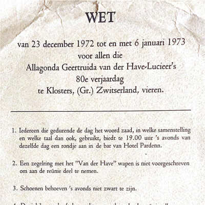 De Wet voor viering van de 80ste vejaardag vzn Gonne van der Have.