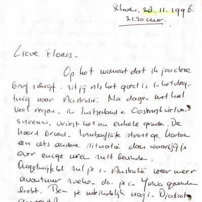 1996-11-28 Fax van Vera naar Just Veeneklaas in Sydney voor Floris.