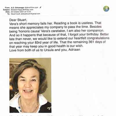 2021-10-20 Mail to Stuart Cookover birthday congratulations en over vergeetachtigheid van Vera.