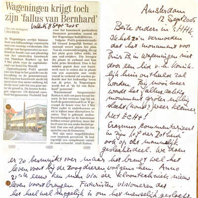 2005-09-12 De plaatsing van een kunstwerk in Wageningen dat wordt geduid: "De fallus van Bernhard."