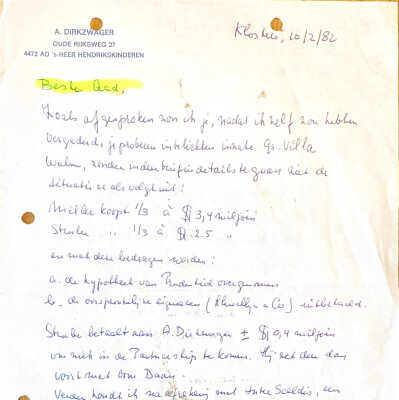 1982-02-10 Financiële afhandeling van Green Villa Farm tussen Daan v.der Have en Ab Dirkzwager.