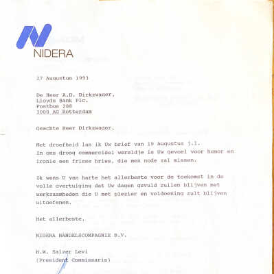 1993-08-27 Brief van NIDERA n.a.v. ontslag ADD bij de Lloyds Bank.