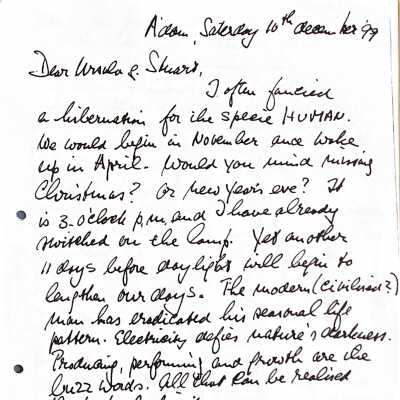 1999-12-10 Letter to Ursula and Stuart Cook. Last letter of the millenium.