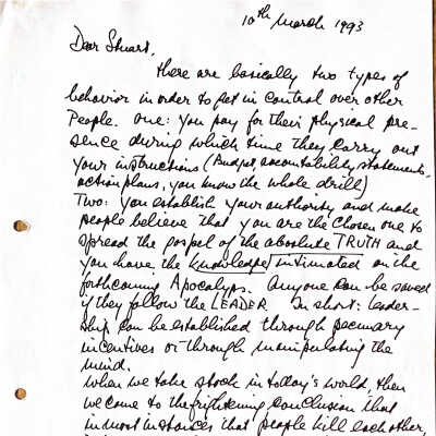 1993-03-10 Brief ADD aan Stuart Cook. Over “chiefs and Indians”.