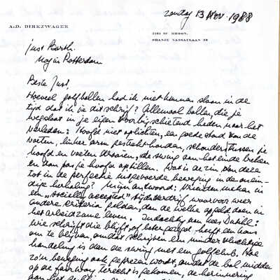 1988-11-13 Brief aan Just Barth om hem te bedanken voor het boek Wachter op de Morgen over de verzetsheld Kees Dutihl.