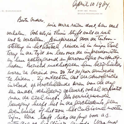 1984-04-10 ADD brief aan ouders o.a. over Impressionisme en over Eerste optreden van Reinoud in de fanfare.