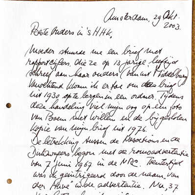 2003-10-29 ADD brief aan ouders over begin v.d. relatie met de Nasoetions.