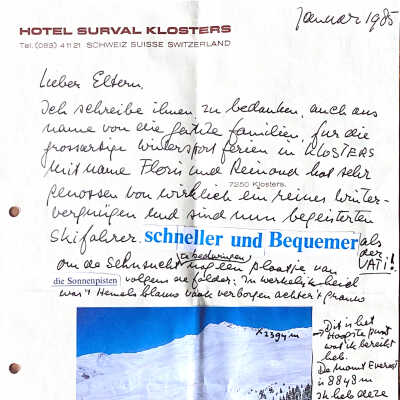 1985-01-06 Bedank brief voor het logeren in Hotel Surval en Am Marktplatz in Klosters.