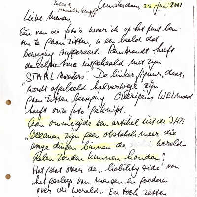 2001-06-25 Brief aan Eelco en Hannelies. We hebben gepland om naar de USA te gaan Met ons vieren.