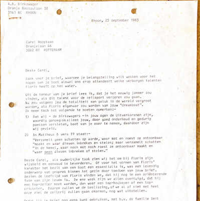 1983-09-25 Aanbod van Carel Hooykaas om zijn zeilboot te verkopen aan Floris.